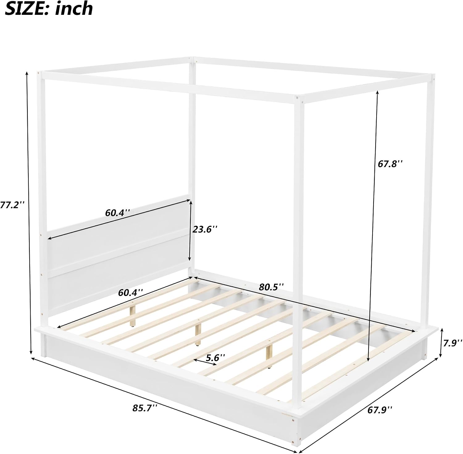 Queen Size Canopy Platform Bed with LED Lights and Headboard, Wooden 4-Post Canopy Bed Frame with Support Slats, No Box Spring Needed (Queen)