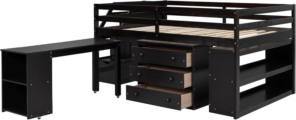 Full Size Loft Bed with Retractable Writing Desk, Wooden Loft Bed with 3 Drawers and Shelves, Storage Stairs, Versatility Low Loft Bed Storage Bed for Kids Boys Girls Bedroom (Espresso,Storage Stairs)