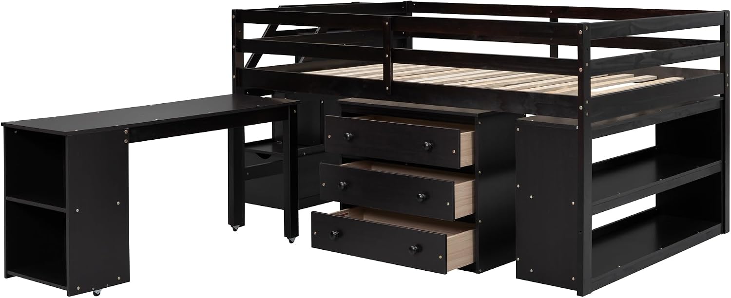 Full Size Loft Bed with Retractable Writing Desk, Wooden Loft Bed with 3 Drawers and Shelves, Storage Stairs, Versatility Low Loft Bed Storage Bed for Kids Boys Girls Bedroom (Espresso,Storage Stairs)