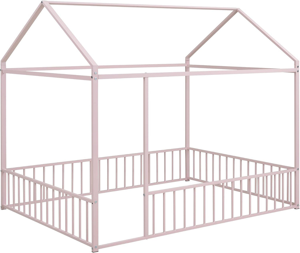 Merax Full Size Metal House Bed Frame with Fence for Kids,Teens,Girls,Boys,Semi-Enclosed Cabin Floor Bed for Bedroom,Pink