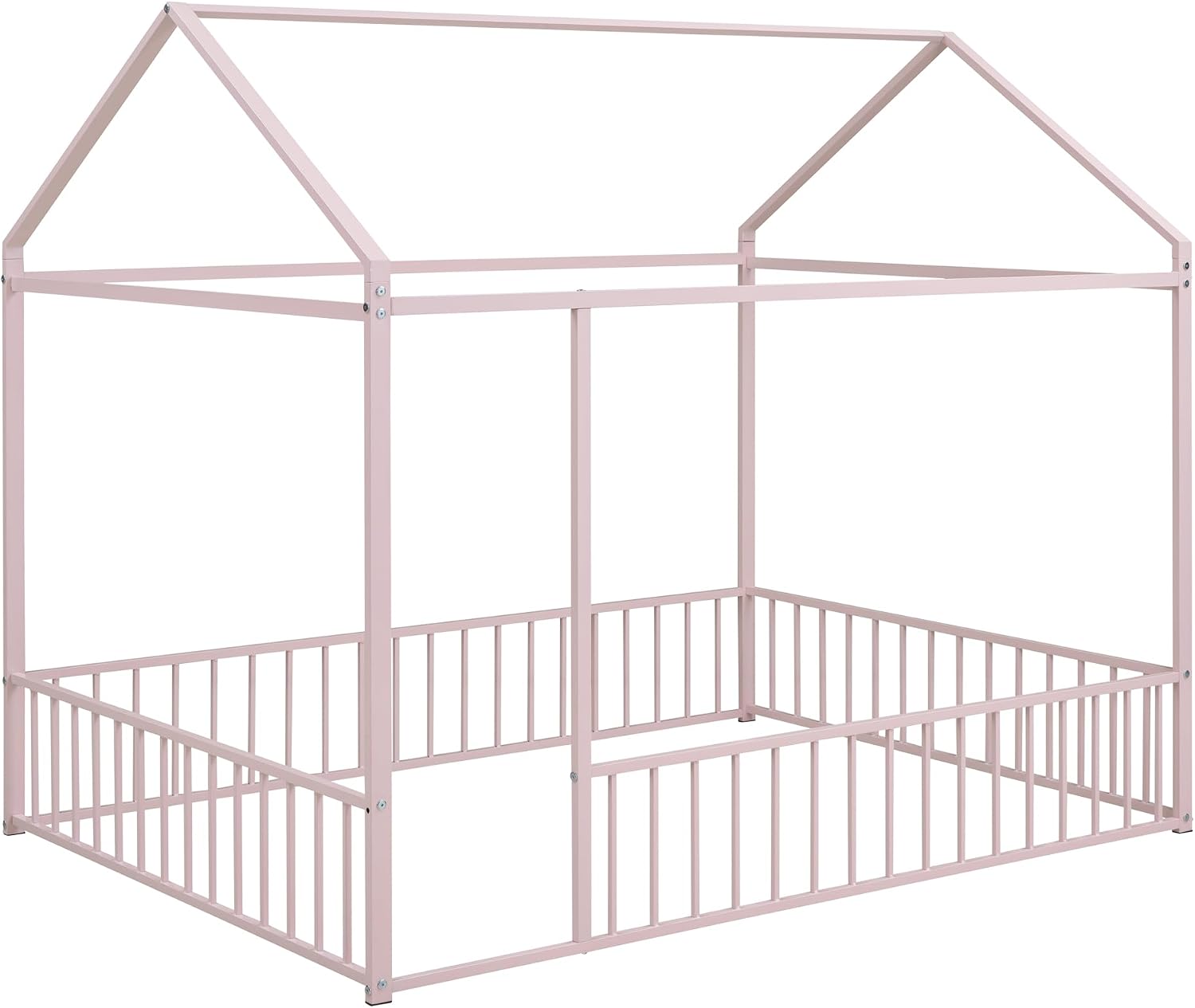Merax Full Size Metal House Bed Frame with Fence for Kids,Teens,Girls,Boys,Semi-Enclosed Cabin Floor Bed for Bedroom,Pink