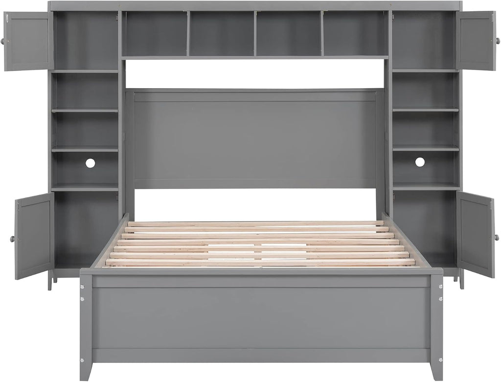 Merax Full Size Platform Bed with 4 Drawers, Wooden Full Bed with All-in-One Cabinet and Shelf, Gray