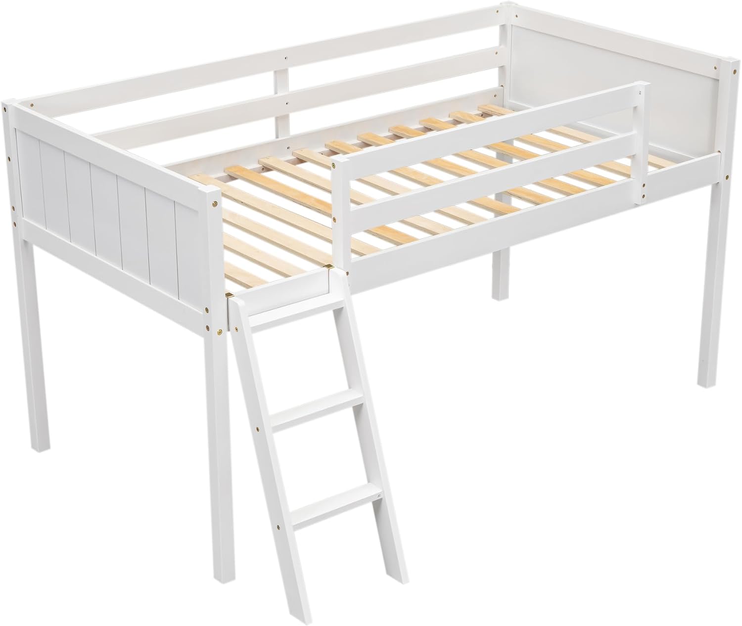 Twin Size Loft Bed, Wood Low Loft Bed with Convertible Ladder, Ladder can be Placed on the Left or Right, Safety Guardrails, Wood Slats Support, No Box Spring Required (White & Convertible Ladder)