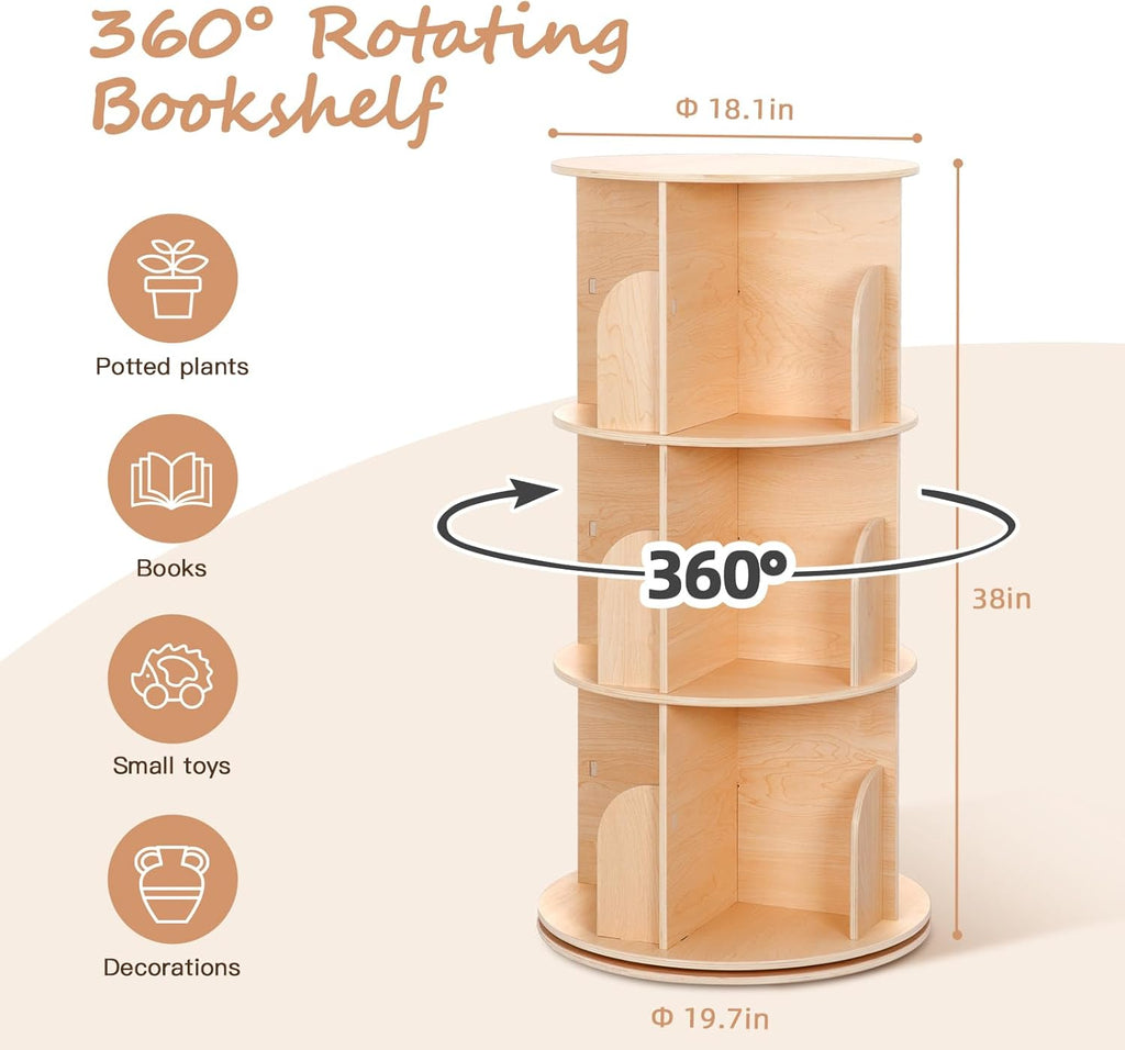 OOOK Kids Rotating Bookshelf Tower, 3 Tier Spinning Floor Standing Montessori Bookshelf Storage Rack, Large Chassis 360 Display for Small Space, Kids Room, Nursery