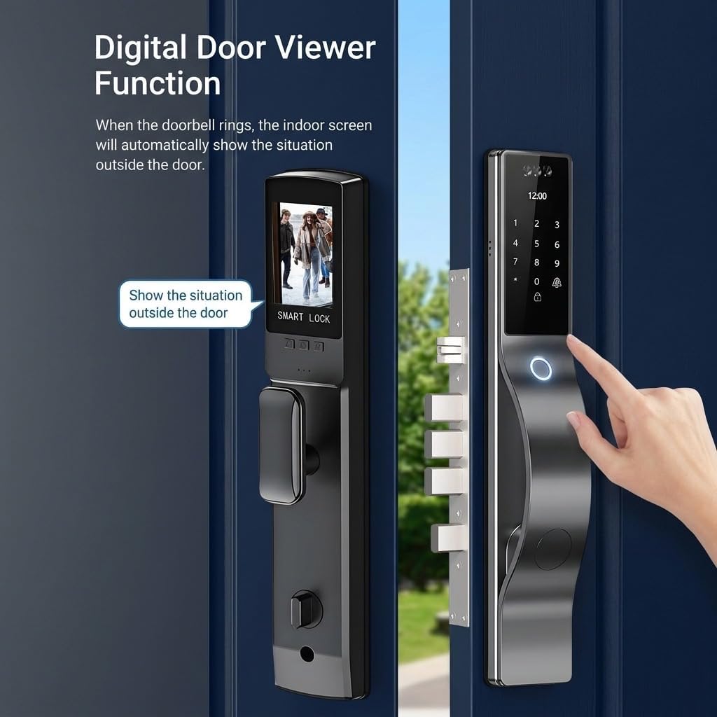 Smart Door Lock with Camera: 3D Face Recognition, Keyless Door Lock with Biometric Fingerprint, Passcode, IC Card, Mechanical Key, Doorbell, Video Intercom, WiShome App, Auto-Lock, Front Door Lock