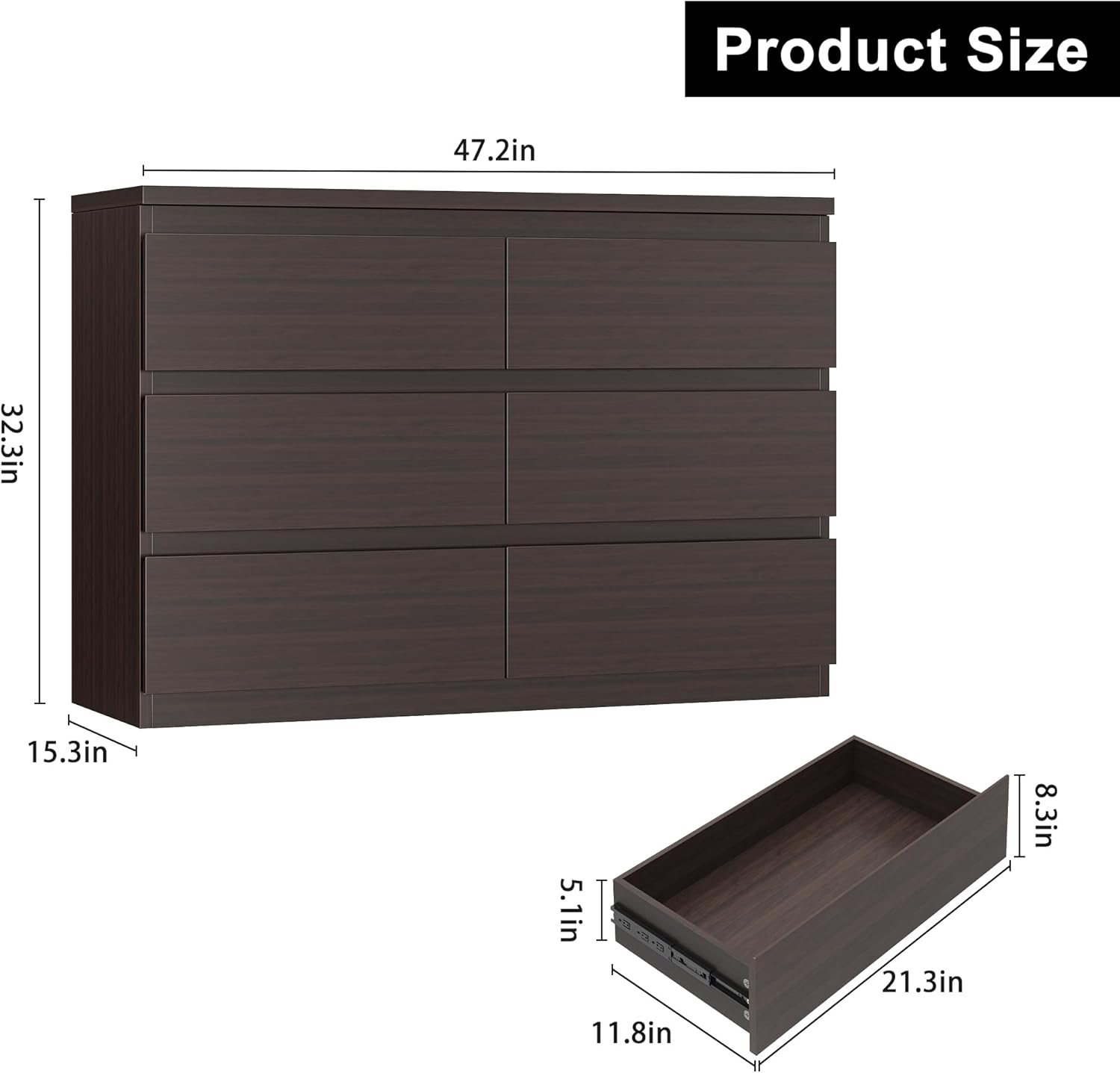 Jocoevol Modern 6 Drawer Dresser Brown Dresser for Bedroom, Simply Chest of Drawers, Wood Storage Dresser with Deep Drawers for Living Room Hallway Entryway, Brown
