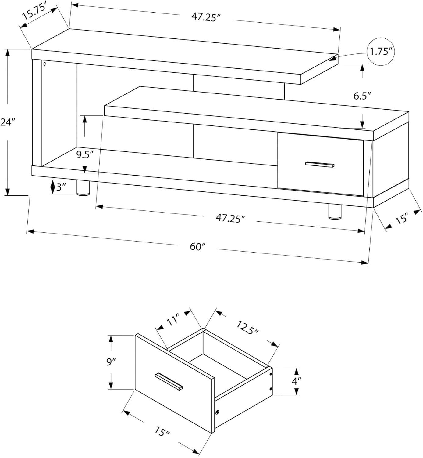 Monarch Specialties TV Stand with 1 Drawer, 60'W, Cappuccino