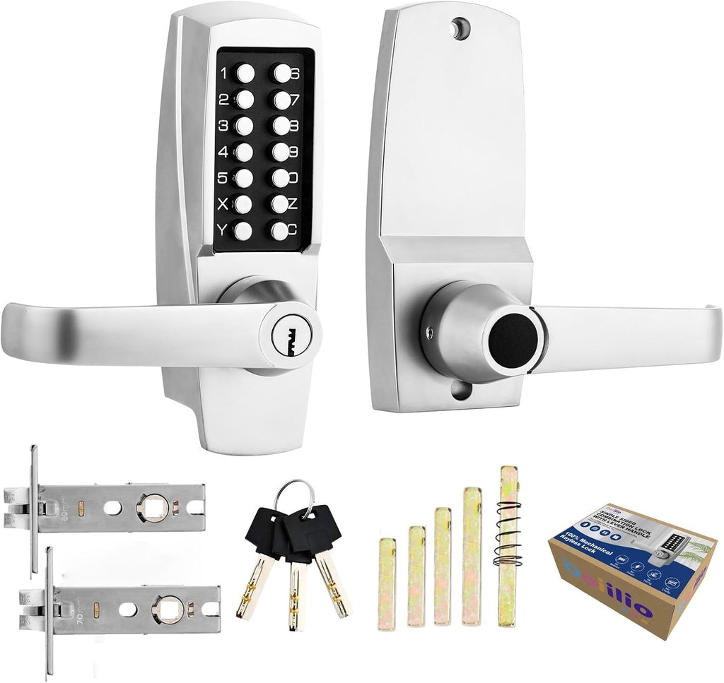 Mechanical Keypad Door Lock with Keys, Single Sided Combination Code Handle, Hold Open Lever, Fits 60 & 70mm Latch, Brushed Nickel for Front Gate Garage Warehouse Office Rental