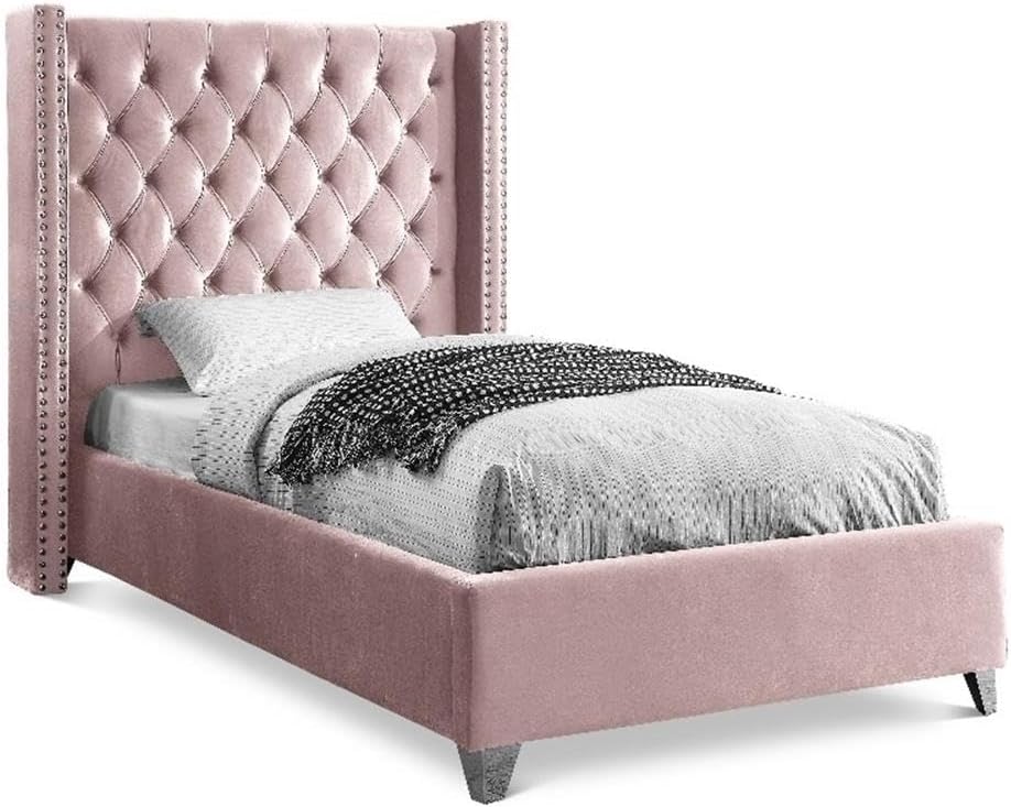 Meridian Furniture Aiden Collection Modern | Contemporary Velvet Upholstered Bed with Deep Button Tufting, Solid Wood Frame, and Custom Chrome Legs, Twin, Pink