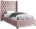 Meridian Furniture Aiden Collection Modern | Contemporary Velvet Upholstered Bed with Deep Button Tufting, Solid Wood Frame, and Custom Chrome Legs, Twin, Pink