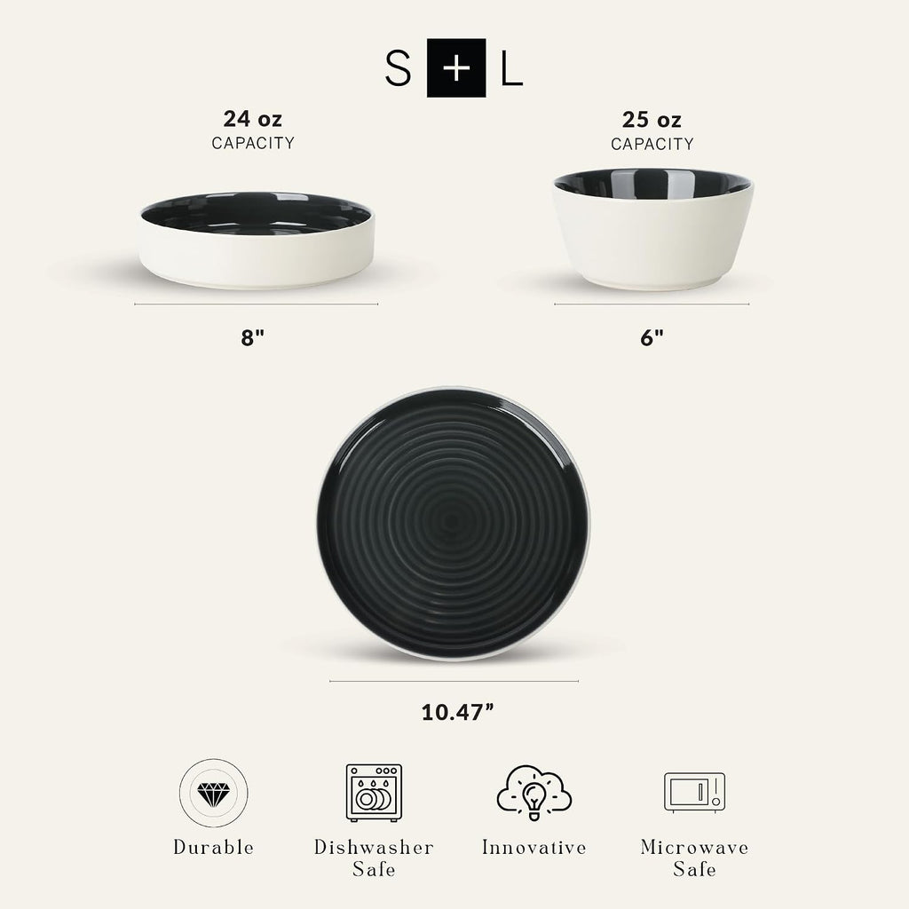 Stone Lain Elica 24-Piece Modern Dinnerware Set Stoneware, Plates and Bowl Sets for 8, Black and Beige