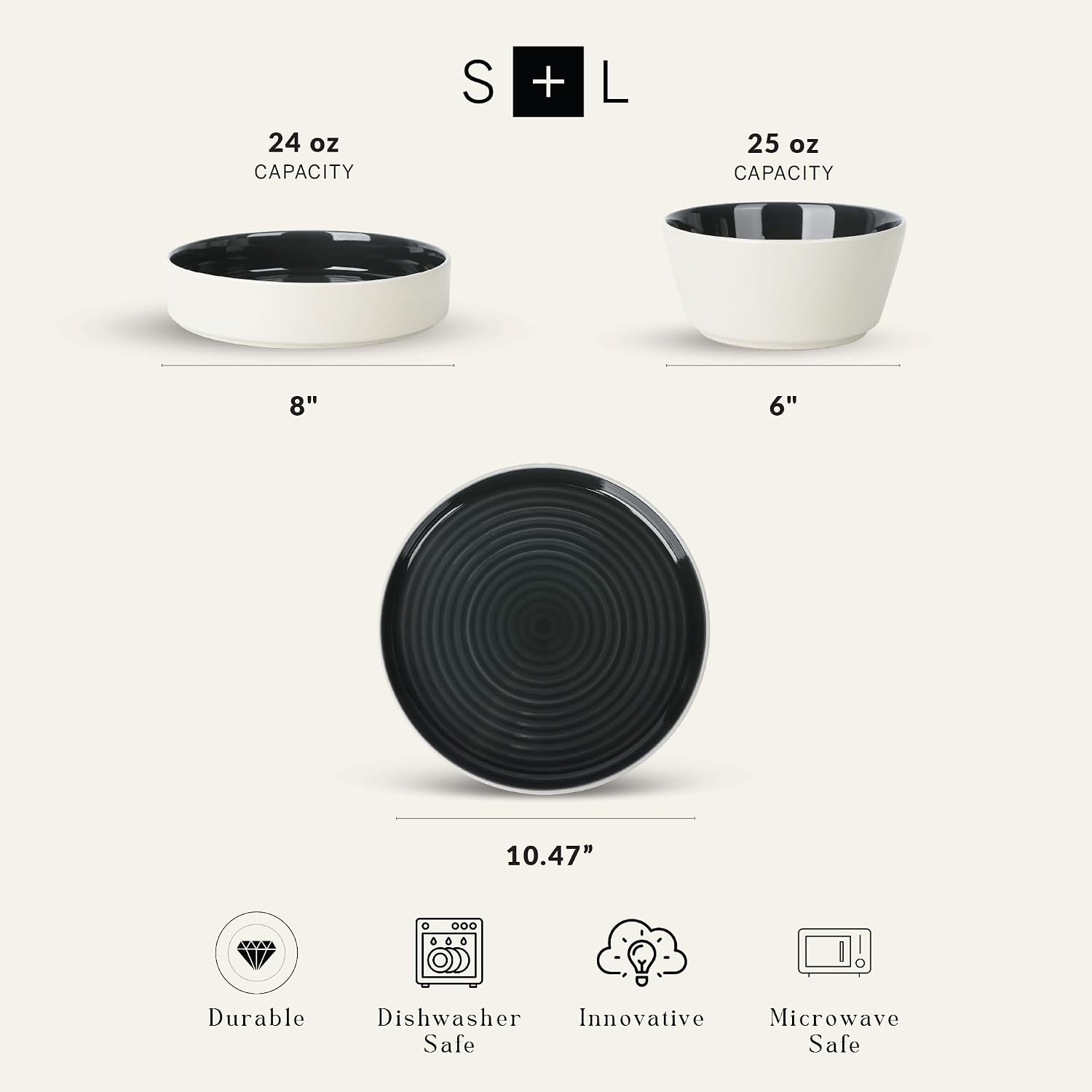 Stone Lain Elica 24-Piece Modern Dinnerware Set Stoneware, Plates and Bowl Sets for 8, Black and Beige