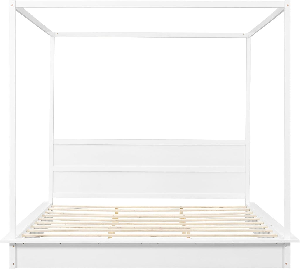 King Size Canopy Platform Bed with LED Lights and Headboard, Wooden 4-Post Canopy Bed Frame with Support Slats, No Box Spring Needed (King)