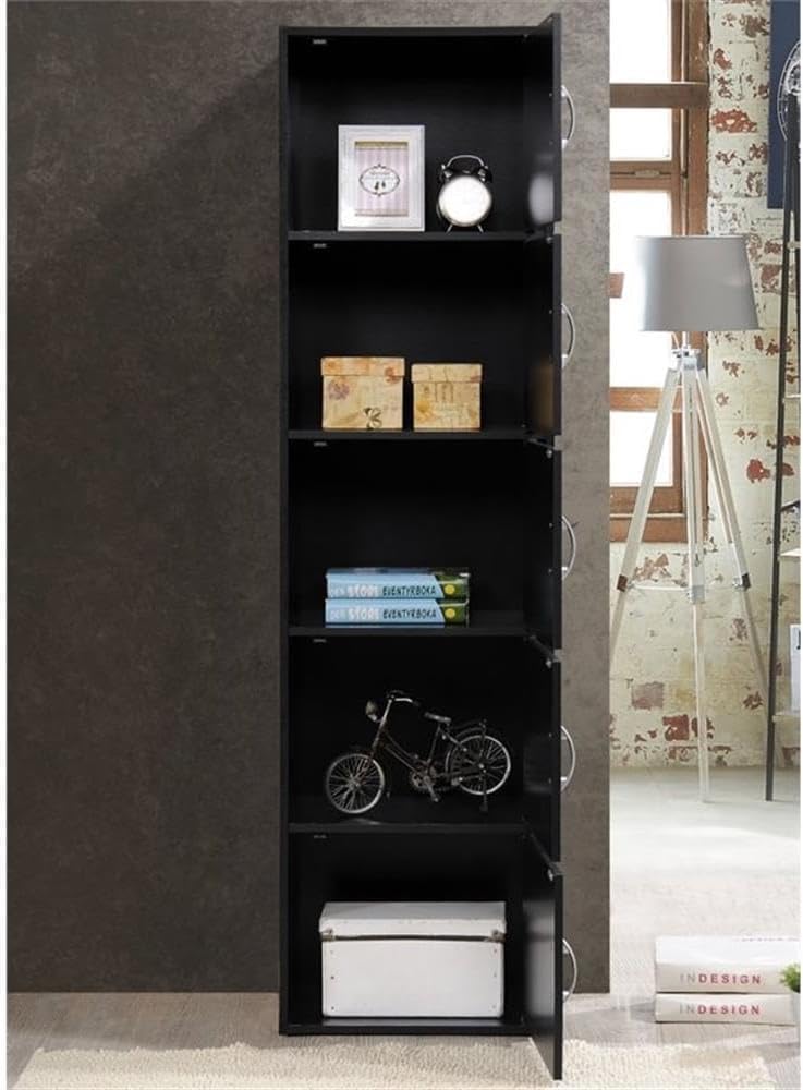 Pemberly Row 5-Shelf Bookcase with 5 Doors, Slim 59 in. Tall Design, Black Finish, Multi-Purpose Storage for Office, Bedroom, or Kids Room Organization