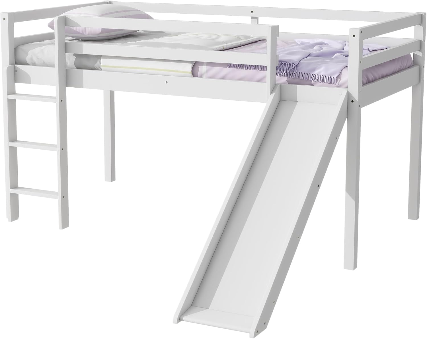 JIVOIT Twin Size Low Loft Bed with Slide and Ladder, Rubber Wood Twin Loft Bed with Under Bed Storage Space, Wood Slats Support, No Box Spring Needed (White/407)