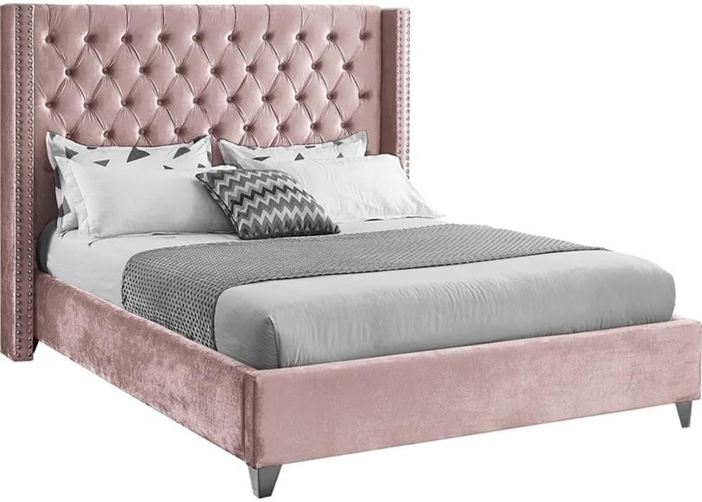 Meridian Furniture Aiden Collection Modern | Contemporary Velvet Upholstered Bed with Deep Button Tufting, Solid Wood Frame, and Custom Chrome Legs, King, Pink