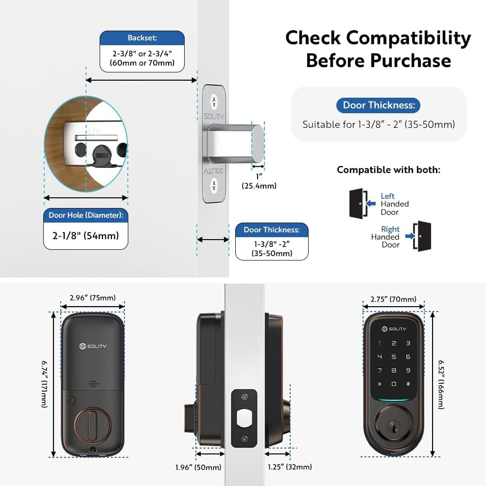 Solity No-Hub Smart Digital Door Lock, Designed in Korea, Keyless Entry, Wi-Fi, Remote Control, Touchscreen Keypad, Auto Lock, IP54 Waterproof GT10K Keypad (Oil Rubbed Bronze)