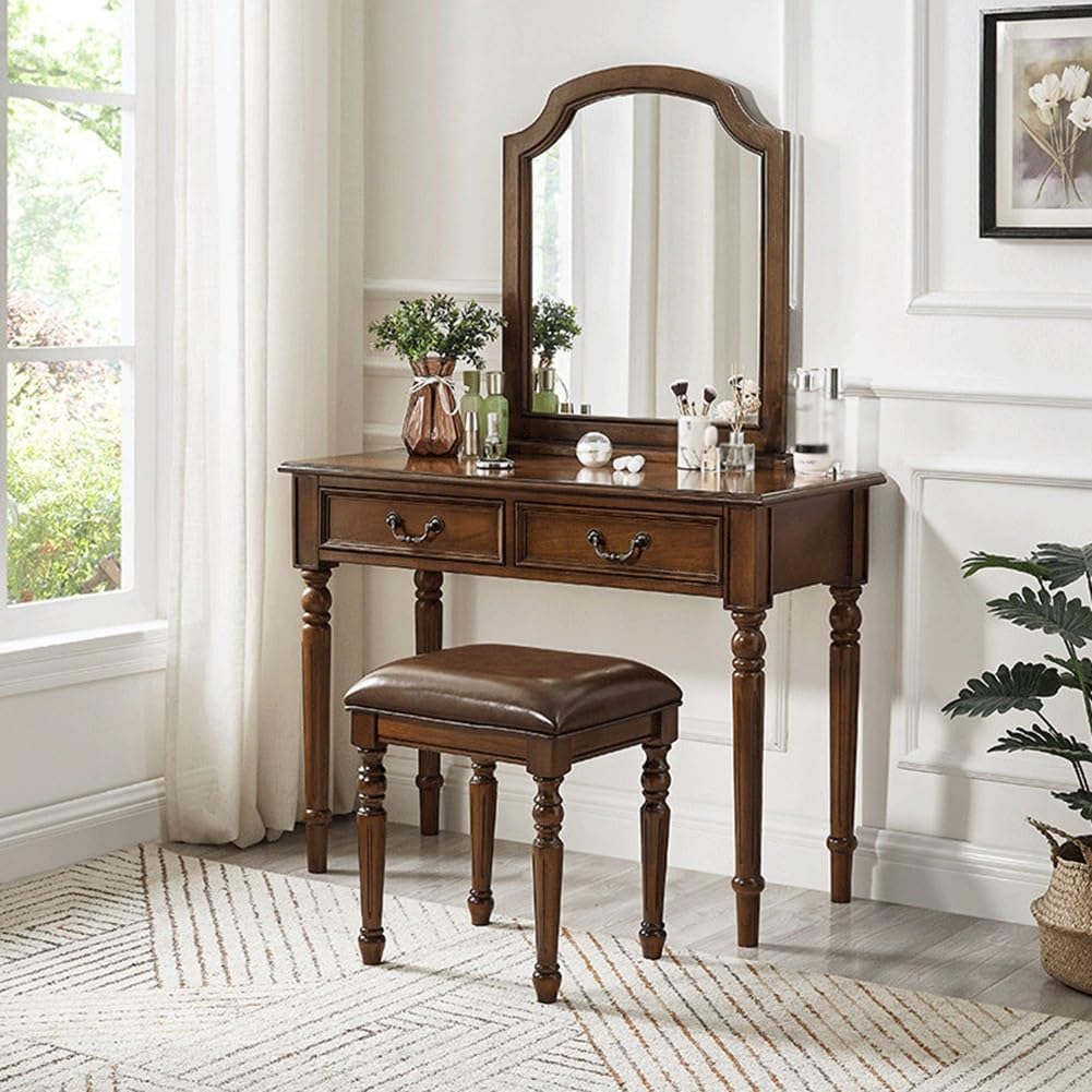 Vintage Vanity Desk with Mirror, Wooden Dressing Table Set for Bedroom with 2 Drawers, Cushioned Stool for Girls Women