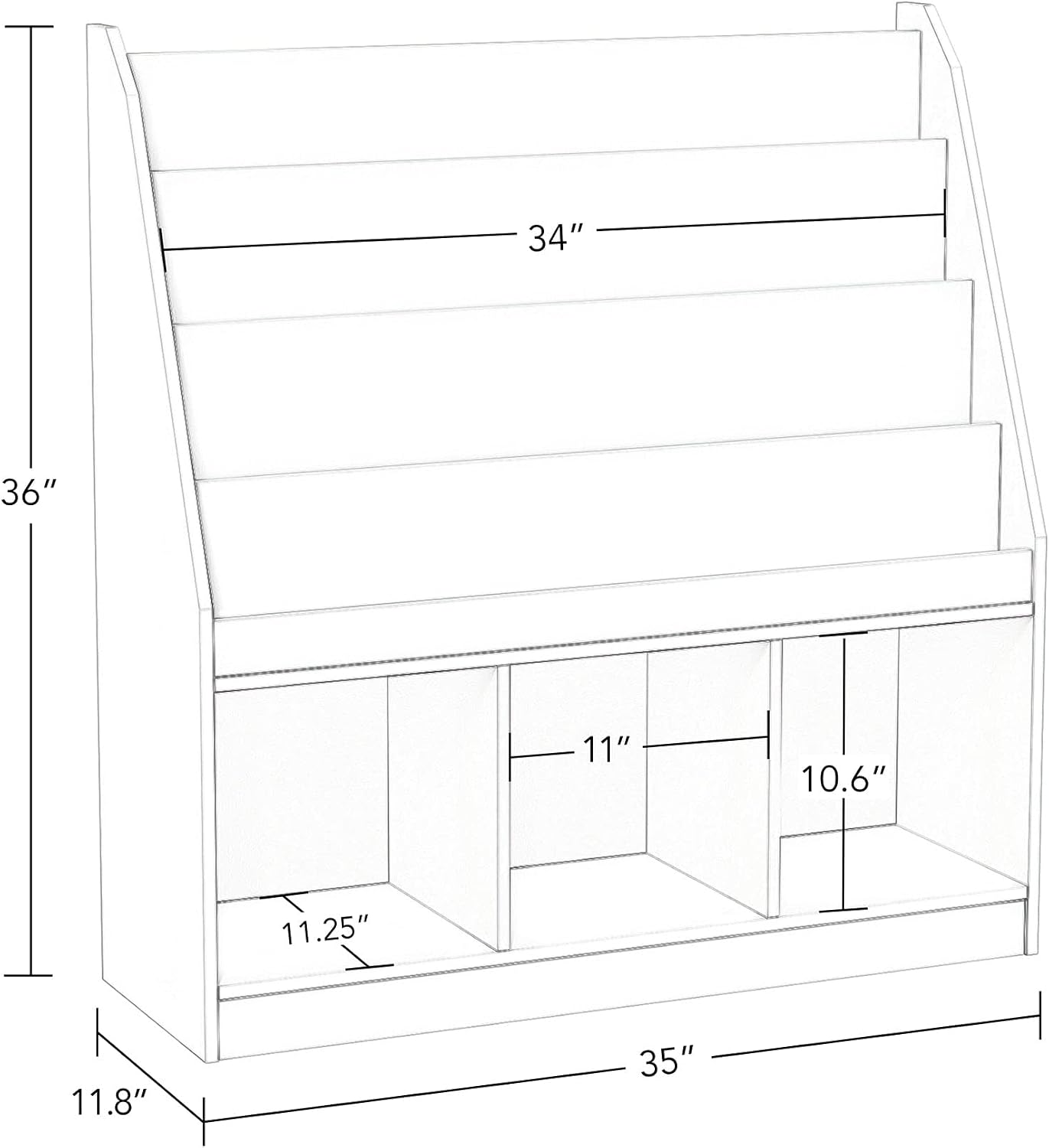 RiverRidge Kids 4 shelves Three Cubbies Bookrack, White (02-251), 11.81'D x 35'W x 36'H