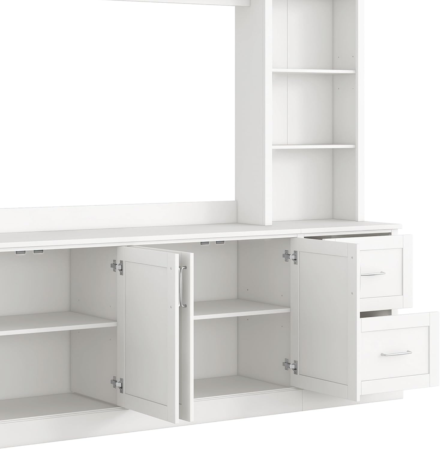 Modern Arched Entertainment Center with Bookshelves and Drawers, Farmhouse TV Stand for TVs Up to 65 Inch, All-in-One Console Media Console Unit with Adjustable Shelves & Cable Holes, White