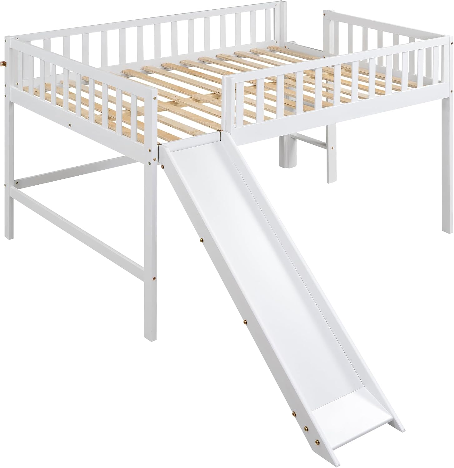 JIVOIT Full Size Wood Loft Bed with Slide, Low Loft Bed with Built-in Ladder and Safety Rails, Space Saving Kids Loft Bed with Underneath Spacious Space, for Kids Boys Girls (White,Full 1)