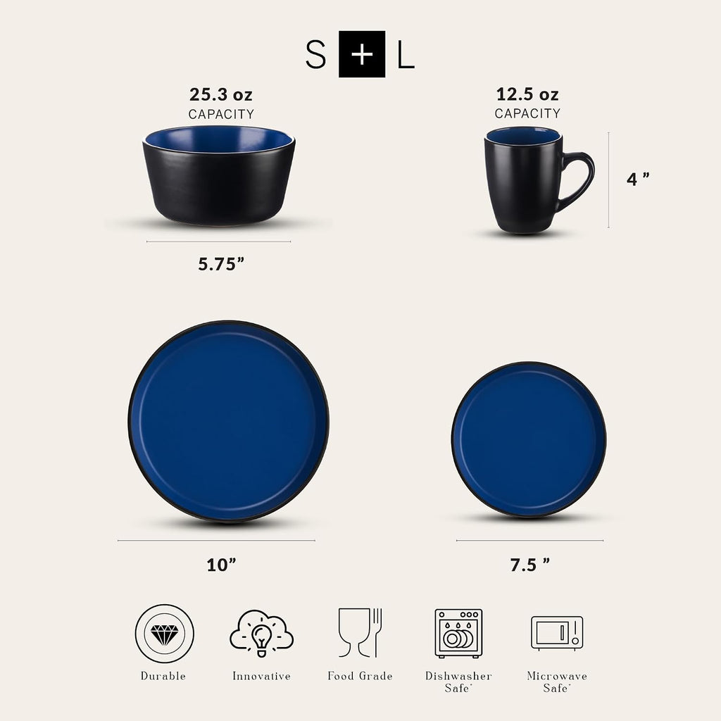 Stone Lain Albie Stoneware 32-Piece Modern Dinnerware Set, Kitchen Plates and Bowls Sets, Service for 8, Blue and Black, Microwave & Dishwasher Safe