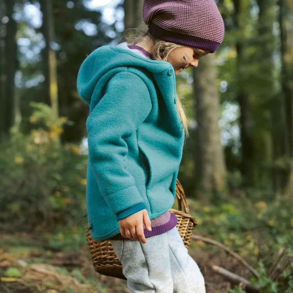 Ecoable Organic Boiled Merino Wool Jacket Kids, Hooded Coat Boys Girls, Made in Germany