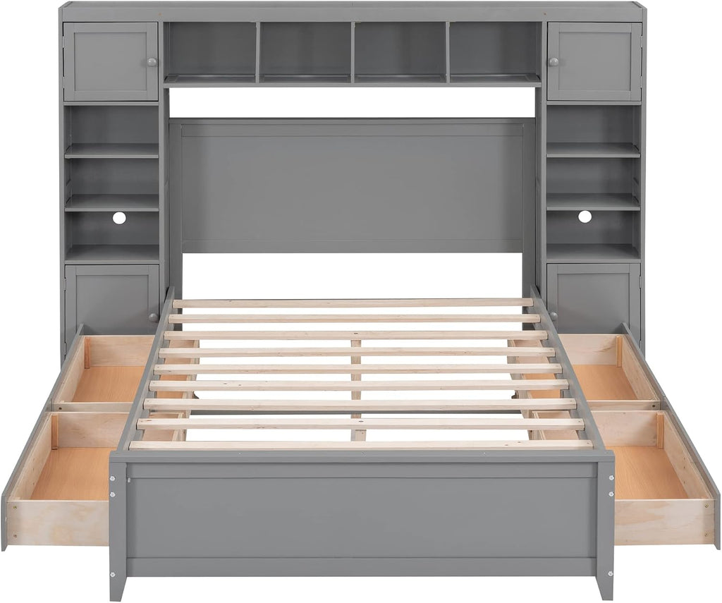 Merax Full Size Platform Bed with 4 Drawers, Wooden Full Bed with All-in-One Cabinet and Shelf, Gray