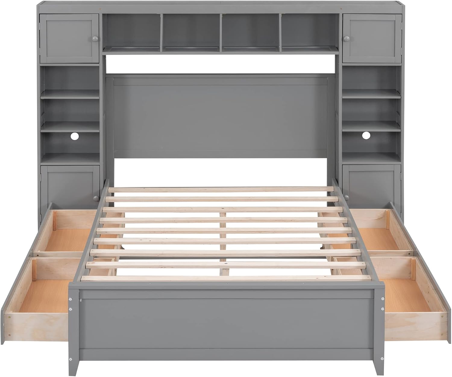 Merax Full Size Platform Bed with 4 Drawers, Wooden Full Bed with All-in-One Cabinet and Shelf, Gray