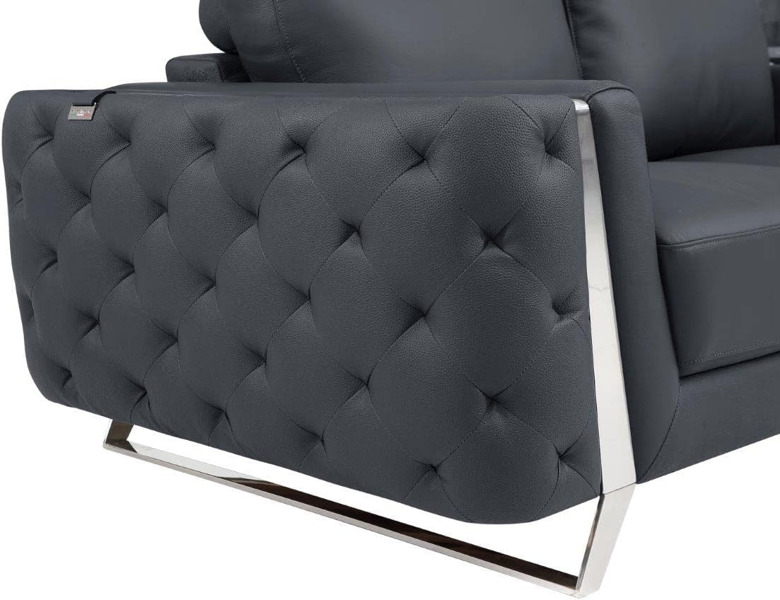 Blackjack Furniture Reggio Collection Full Grain Italian Leather Sofas for Living Room with Brazilian Wood Frame and Stainless Steel Legs, 3-Piece Set, Sofa, Loveseat, and Chair, Dark Gray