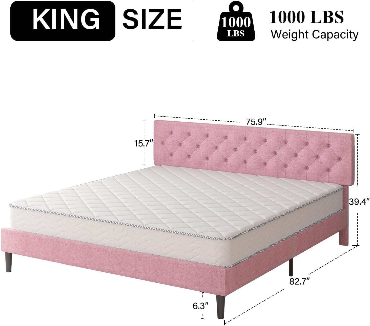 HOMBCK King Size Bed Frame, Linen Fabric Upholstered Bed Frame King Size with Headboard, Wood Slats Support, Button Tufted Design, No Box Spring Needed, Pink