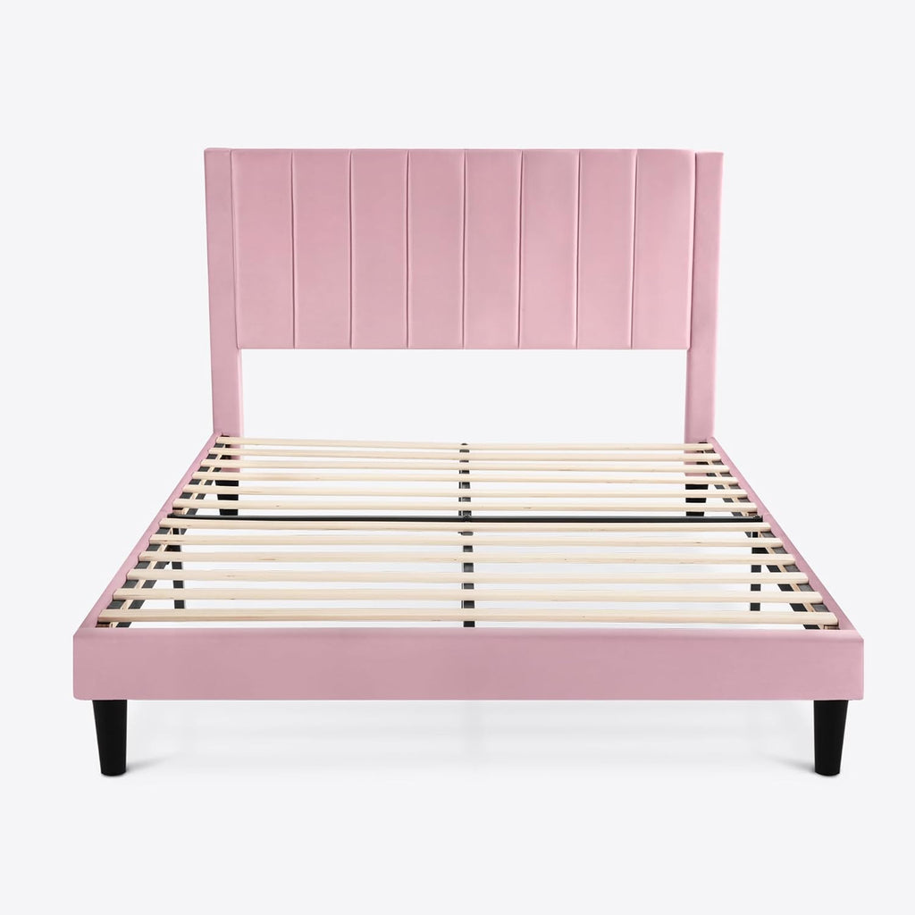 SHA CERLIN Full Bed Frame/Velvet Upholstered Platform Bed Frame with Headboard/Strong Wood Slats Support/Mattress Foundation/No Box Spring Needed - Pink