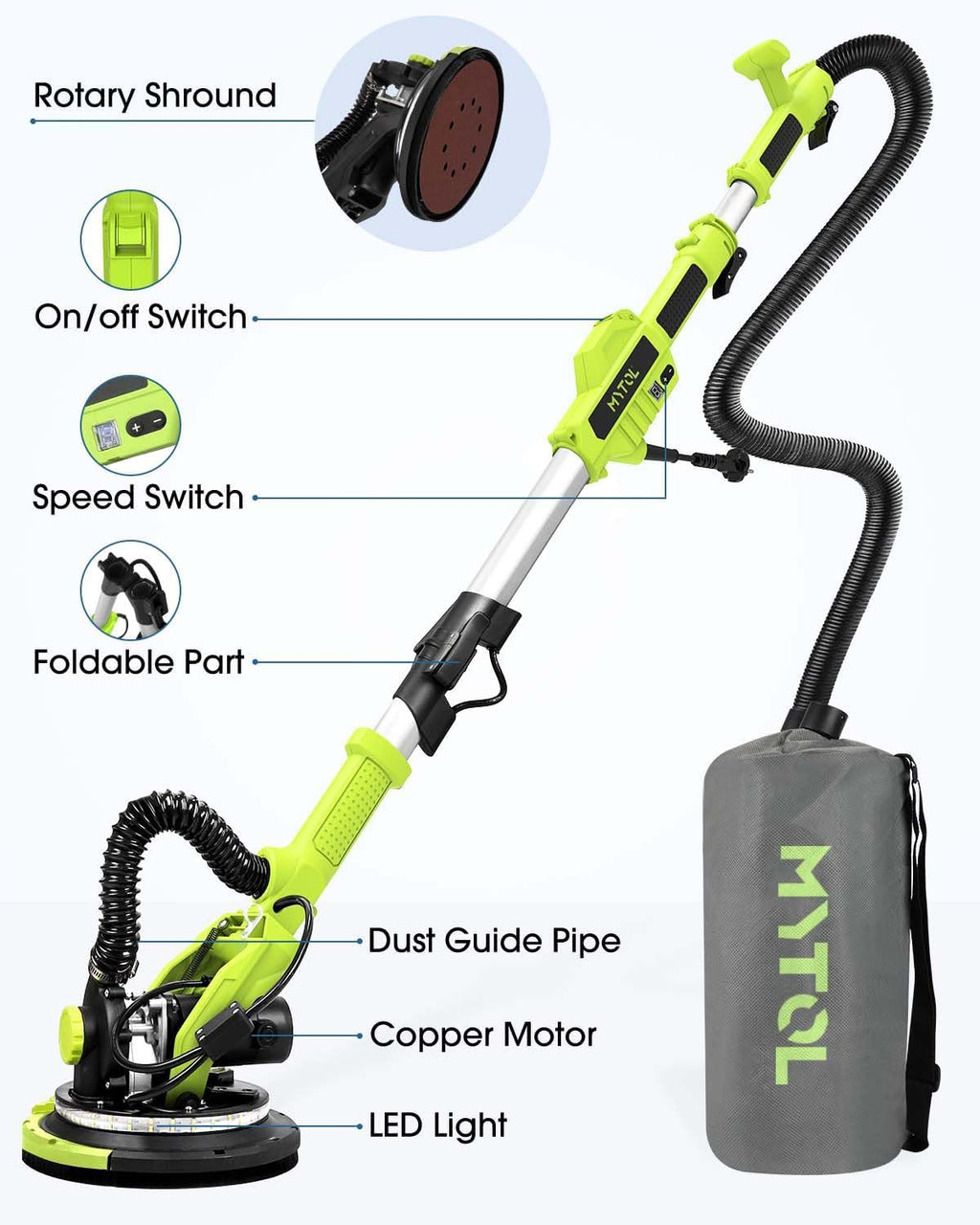 MYTOL Drywall Sander, 7.2A Electric Drywall Sander with Vacuum Dust Collection, 6 Variable Speed 900-1800RPM, LED Light, Foldable & Extendable Handle, 9 Pcs Sandpaper&3 Pcs Grid Sandpaper, Full Green