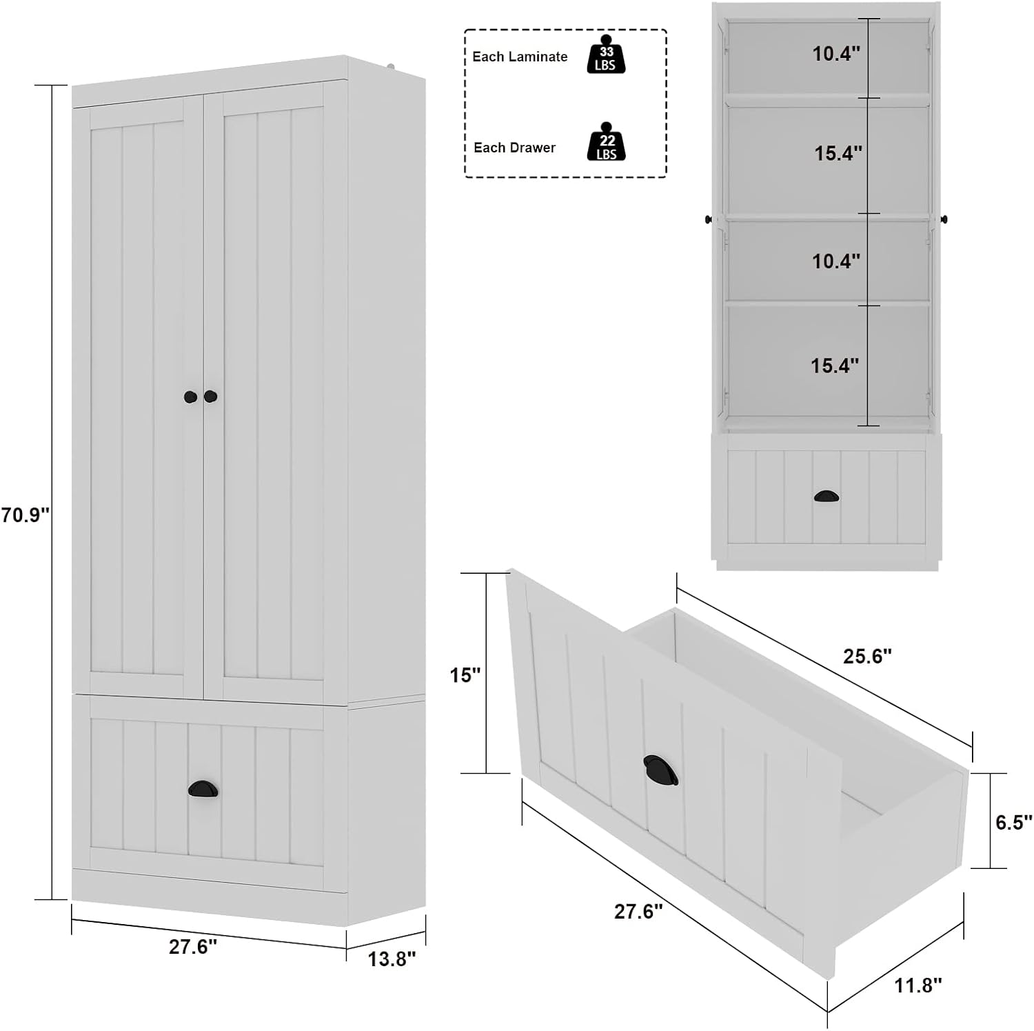 AIEGLE 2 Doors Wardrobe Armoire Closet, Bedroom Storage Cabinet Organizer with 4 Tiers Shelf & Drawer, Freestanding Armoire Wardrobe Cabinet, White (27.6' W x 13.8' D x 70.9' H)