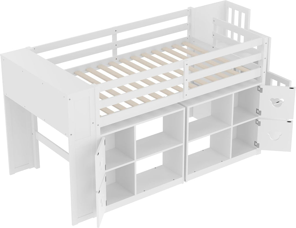 JIVOIT Twin Size Low Loft Bed with Open Shelves, Storage Cabinets, Storage Headboard and Stair, Full-Length Guardrails, No Box Spring Needed (White, 50)