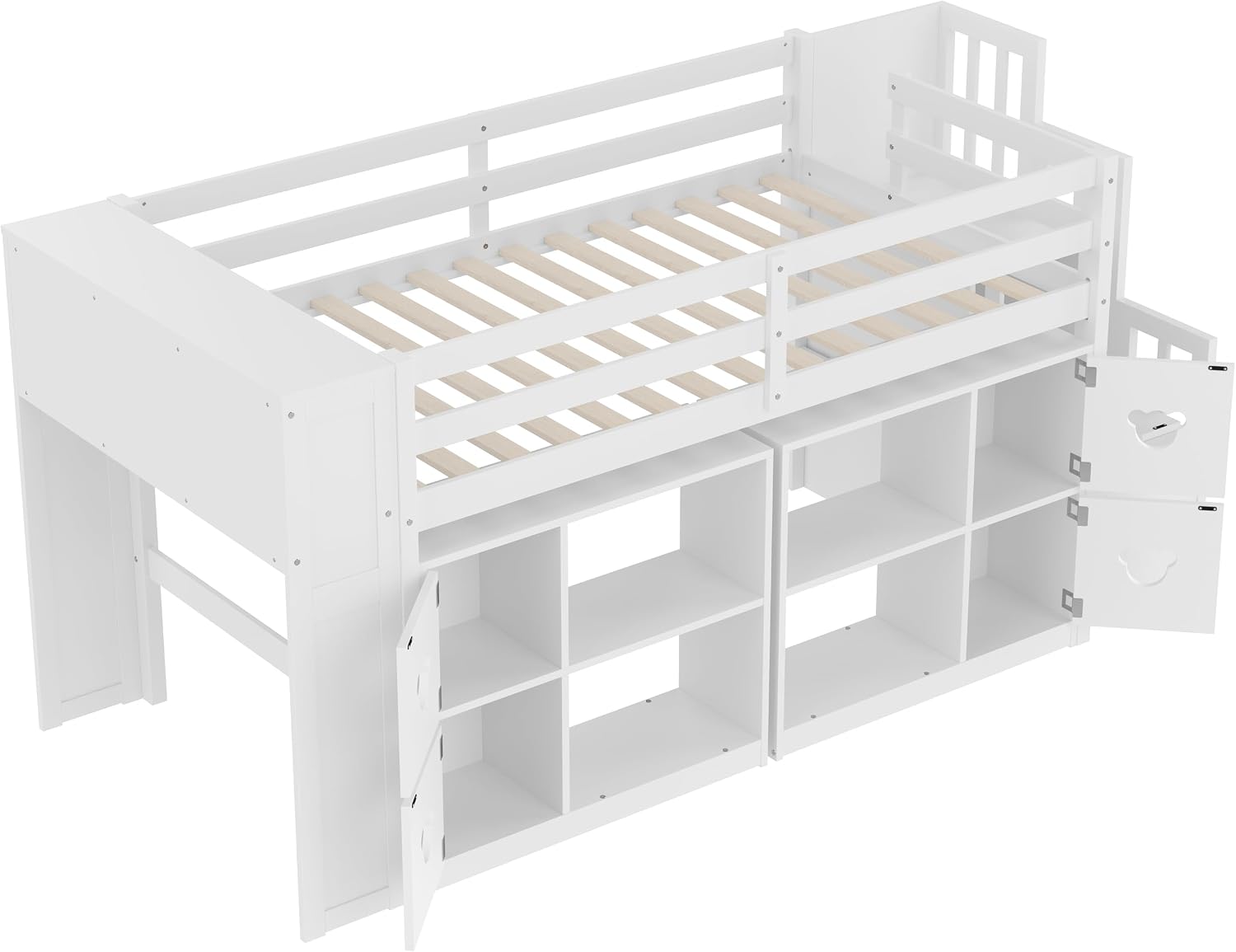 JIVOIT Twin Size Low Loft Bed with Open Shelves, Storage Cabinets, Storage Headboard and Stair, Full-Length Guardrails, No Box Spring Needed (White, 50)