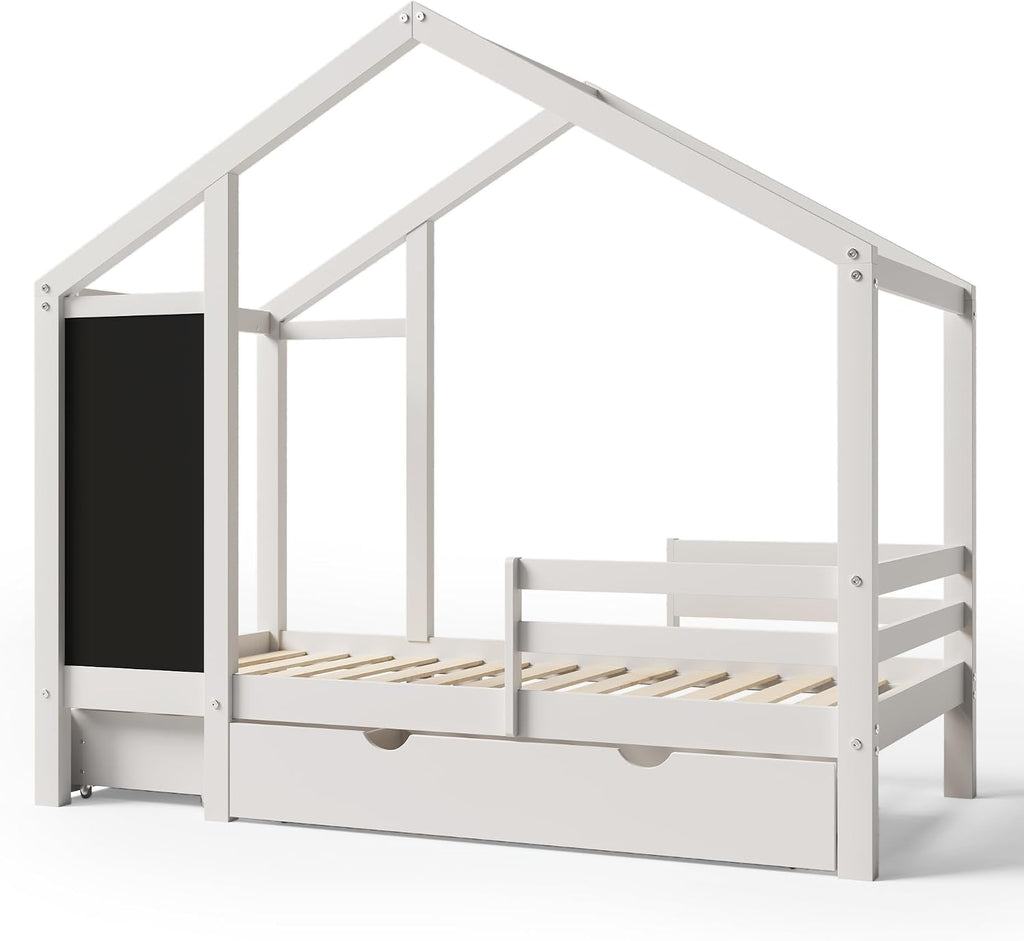 Kids Full House Bed Frame with Blackboard and Storage Drawers, Full-Length Guardrails & Wooden Slats Support,Two Assembly Options for Easy Fun Bedroom Setup for Kids Boys Girls (White, Full)