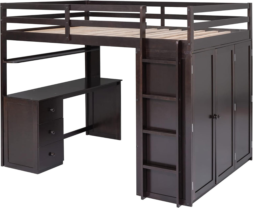 Full Size Loft Bed with Drawers and Desk, Wardrobe, Ladder for Kids, Adults, Girls, Bedroom, Easy Assembly, No Box Spring Needed, Space-Saving, Espresso