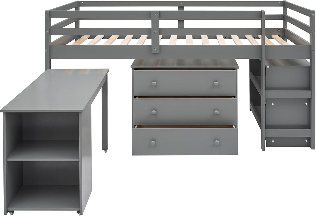 JIVOIT Twin Size Low Loft Bed with Rolling Portable Desk, Wooden Loft Bed with Cabinet/Bookshelf/Drawers/Open Shelves for Kids Teens Adults, No Box Spring Required (Gray-Twin-Rolling Portable Desk)