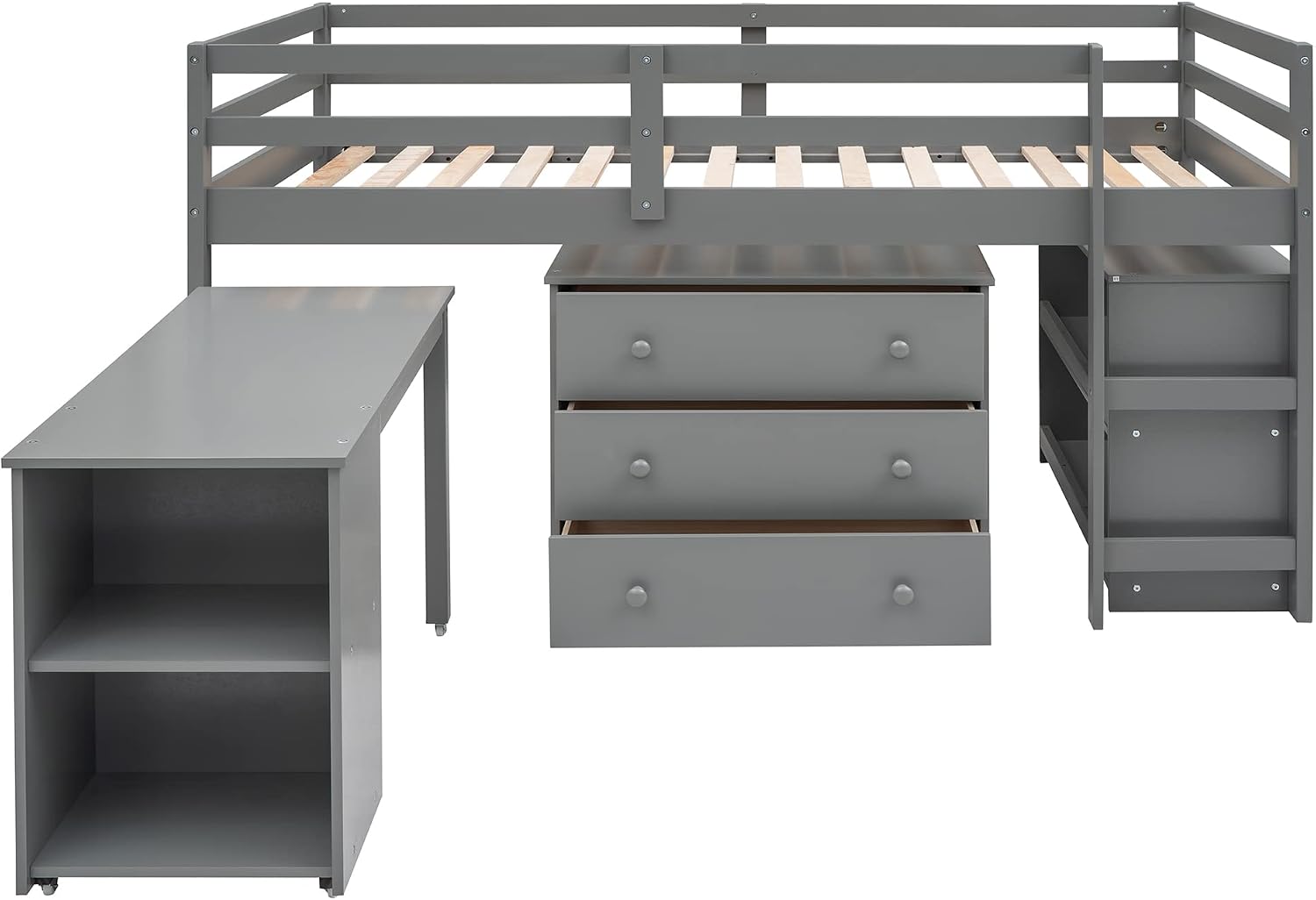 JIVOIT Twin Size Low Loft Bed with Rolling Portable Desk, Wooden Loft Bed with Cabinet/Bookshelf/Drawers/Open Shelves for Kids Teens Adults, No Box Spring Required (Gray-Twin-Rolling Portable Desk)