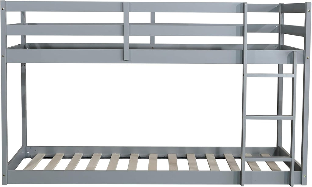 Ball & Cast Solid Rubber Wooden Twin Over Twin Bunk Bed with Ladder and Full Length Guardrail,Low Bunkbed w/Slat Support,Bedroom Furniture for Girls Boys,Grey