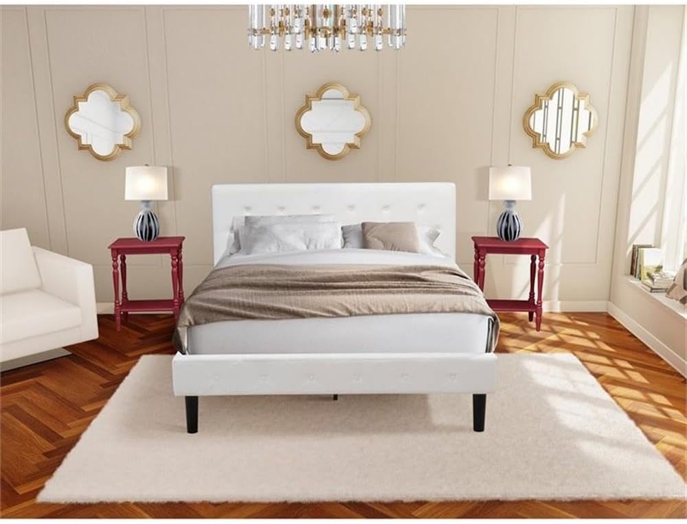 East West Furniture NL19Q-2BF13 3 Piece Bedroom Set - Button Tufted Platform Bed - Linen white Velvet Fabric Upholstered Headboard and a Burgundy Finish Nightstand