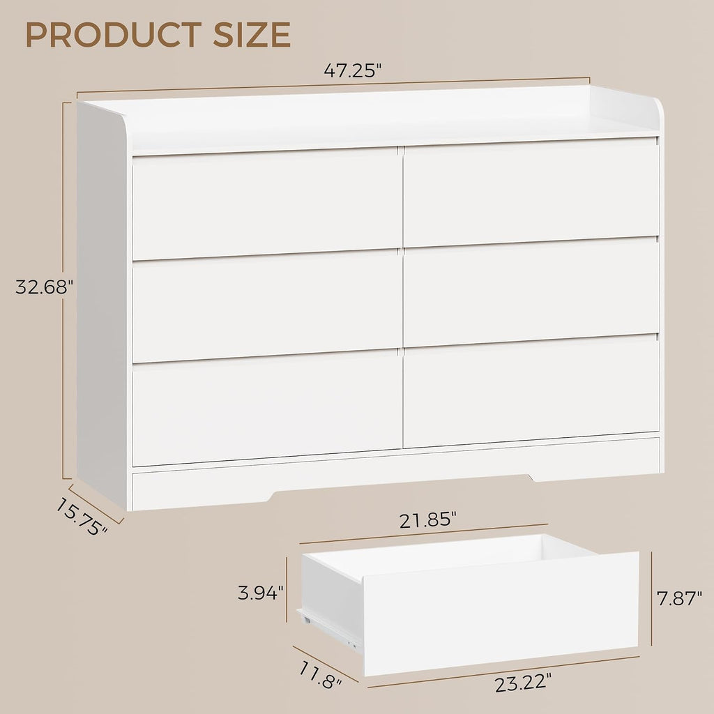 BEWISHOME Dresser for Bedroom, White 6 Drawer Dresser Chest of Drawers, Wood Dressers for Closet, Wide Modern Dressers with Fence for Living Room, Hallway, Entryway, TV Stand, White KCG04W