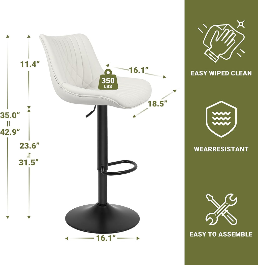 Swivel Bar Stools Set of 2, Height Adjustable Counter Height Bar Stools with Open Back and Footrest, Premium Faux PU Leather, Modern Upholstered Bar Chairs for Kitchen Island/Bar/Counter, White