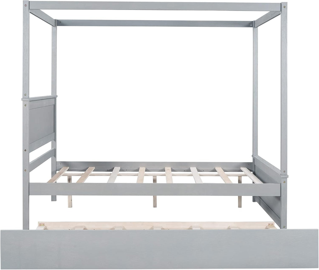Full Size Wood Canopy Bed with Trundle Bed and Two Nightstand, Modern Bedroom Set for Kids Girls Boys Teens,Can Be Freely Decorated (Gray+Bedroom Set)