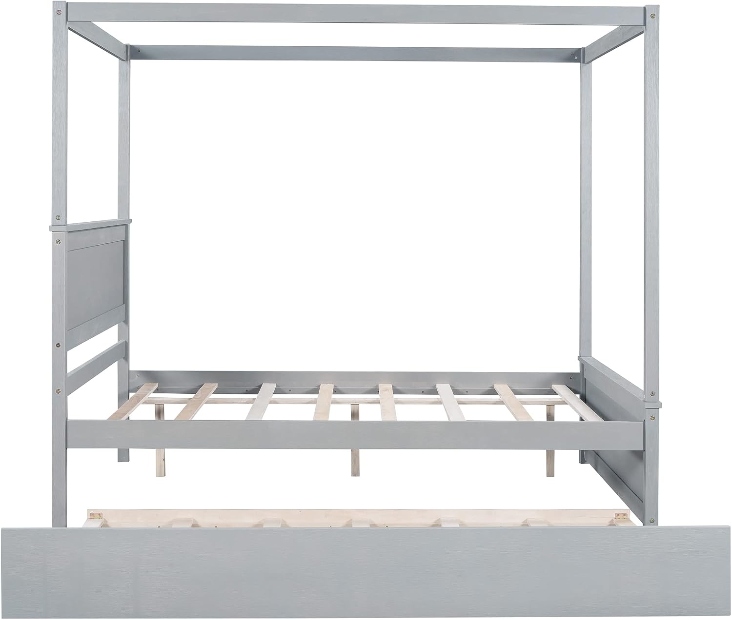 Full Size Wood Canopy Bed with Trundle Bed and Two Nightstand, Modern Bedroom Set for Kids Girls Boys Teens,Can Be Freely Decorated (Gray+Bedroom Set)