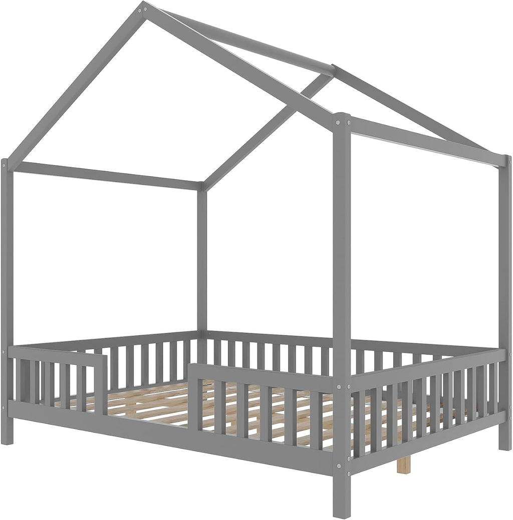 Full Montessori House Bed with High Rails, Wood Low House Floor Bed with Roof & Canopy, Full House Beds Frame for Girls Boys, No Box Spring Needed, Gray