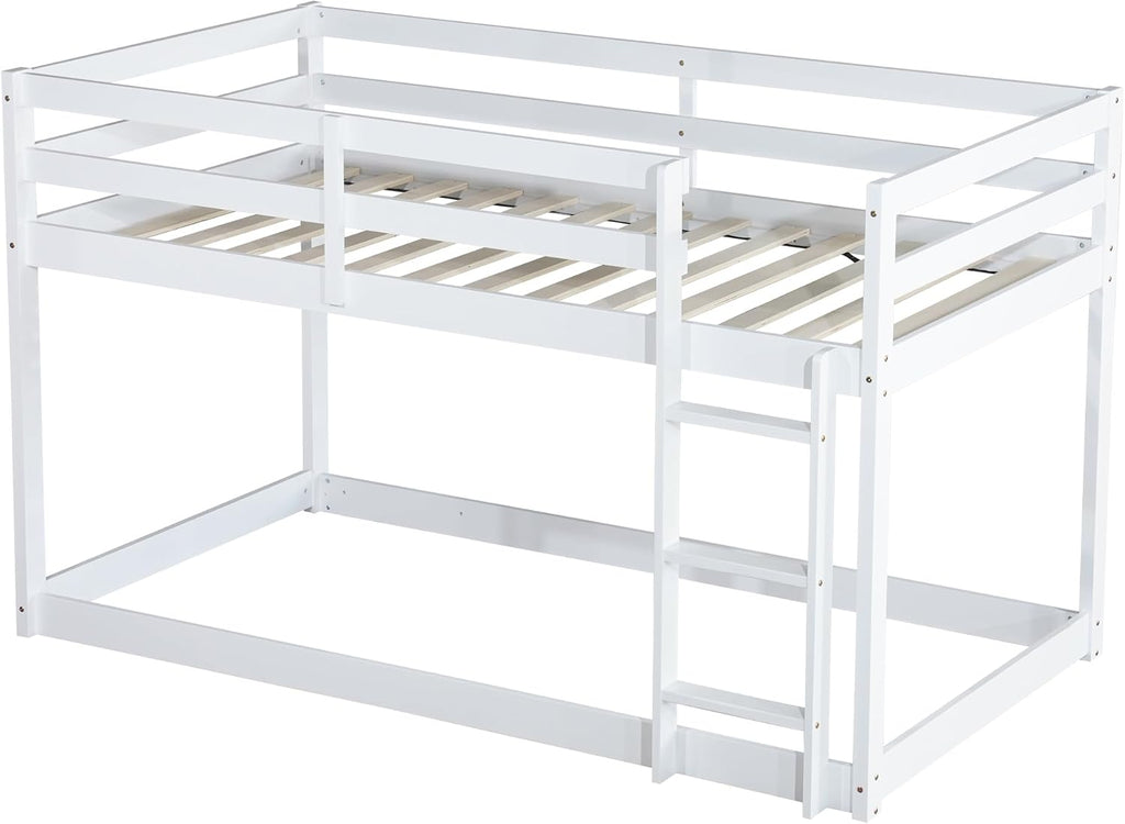 Ball & Cast Twin Over Twin Bunk Bed,Solid Rubber Wooden Low Floor Platform Bed with Ladder and Full Length Guardrail,Slat Support,Bedroom Furniture for Girls Boys,White