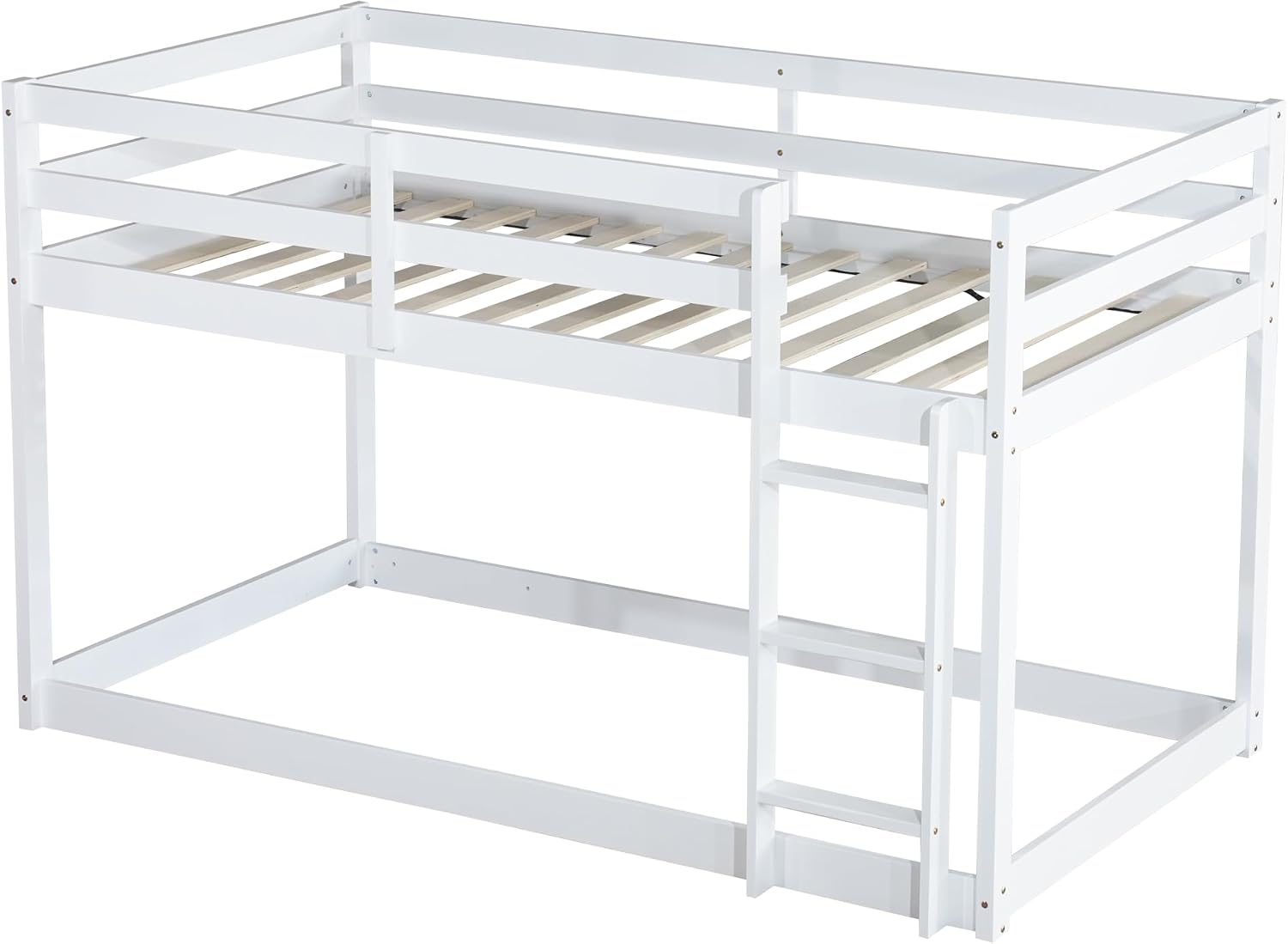 Ball & Cast Twin Over Twin Bunk Bed,Solid Rubber Wooden Low Floor Platform Bed with Ladder and Full Length Guardrail,Slat Support,Bedroom Furniture for Girls Boys,White