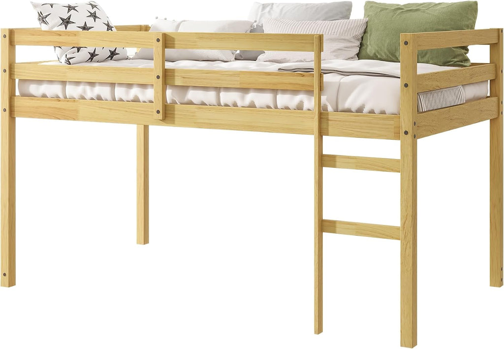 JIVOIT Twin Size Loft Bed with Ladder, Solid Rubber Wooden Low Height Loft Bed, Bed Platform of Strengthened Slats, No Box Spring Needed (Natural//14)